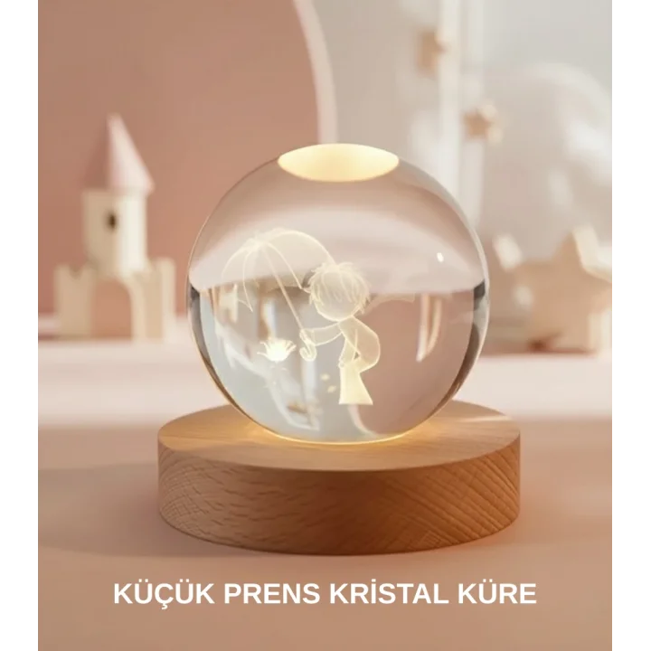 Mey İthalat® Küçük Prens Figürlü 3D Kristal Top Sıcak Işıklı USB Ahşap Tabanlı Dekor Lamba