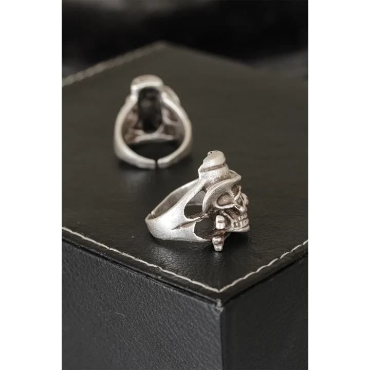 Mey İthalat® Kuru Kafa Tasarımlı Eskitme Gümüş Renkli Ayarlamalı Model Erkek Yüzük