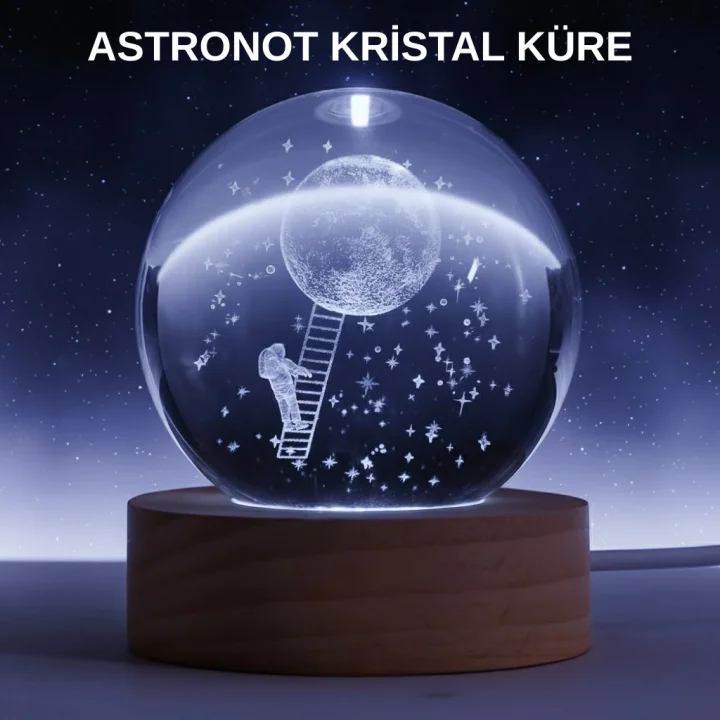 Mey İthalat® Lazer İşlemeli 3D Astronot Kristal Küre LED Işıklı Uzay Temalı Gece Lambası