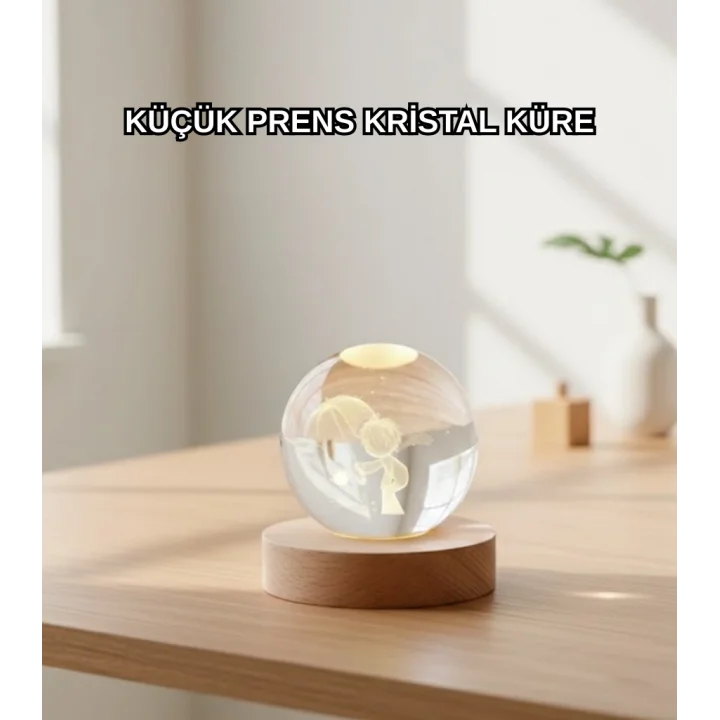 Mey İthalat® LED Aydınlatmalı 3D Küçük Prens Kristal Küre Ahşap Standlı Masa Gece Lambası