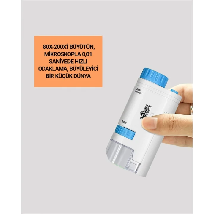 Mey İthalat® LED Aydınlatmalı 80–200 Kat Büyütmeli Cep Mikroskop