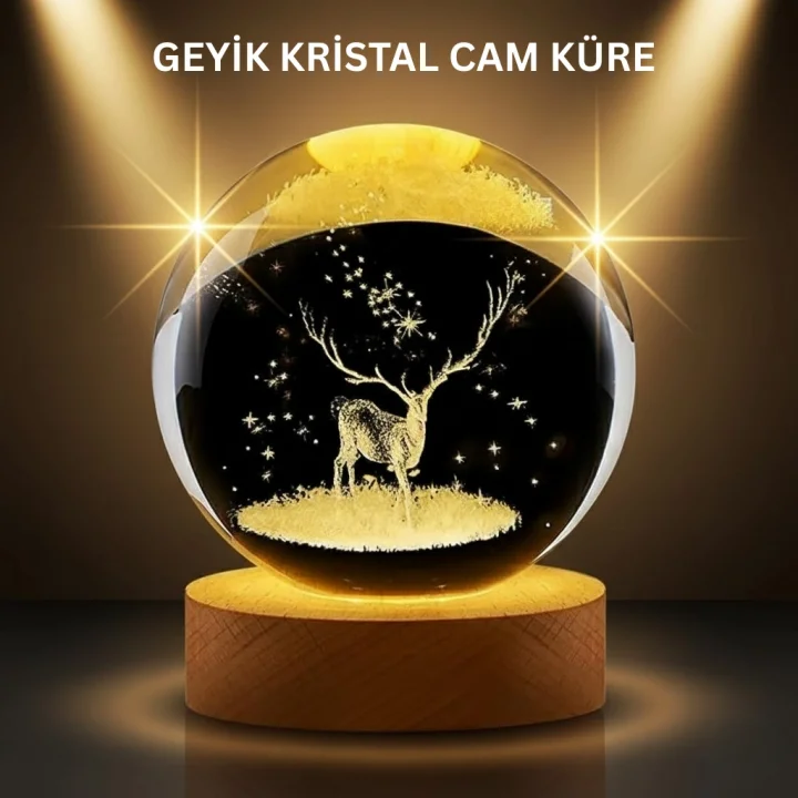 Mey İthalat® LED Işıklı Geyikli Kristal Küre Ahşap Standlı Modern Dekor Lamba
