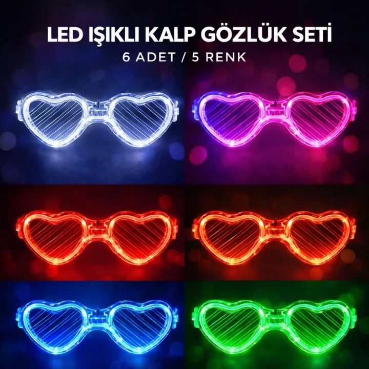 Mey İthalat® LED Işıklı Kalp Pilli Parti Gözlüğü – 6 Adet / 5 Renk Set
