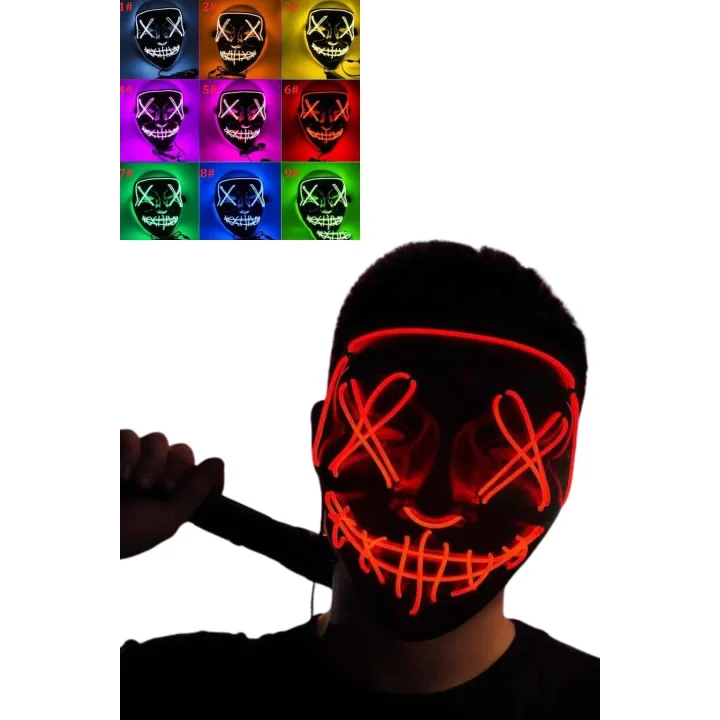 Mey İthalat® Led Işıklı Neon Maske Cadılar Bayramı Maskesi Korkunç Korku Maskesi