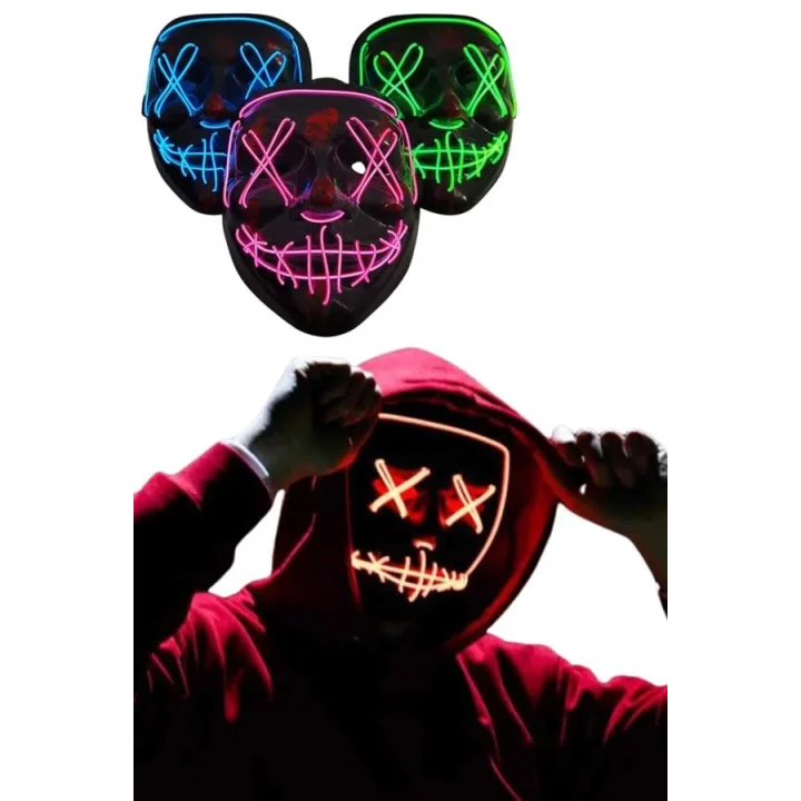 Mey İthalat® Led Işıklı Neon Maske Cadılar Bayramı Maskesi Korkunç Korku Maskesi