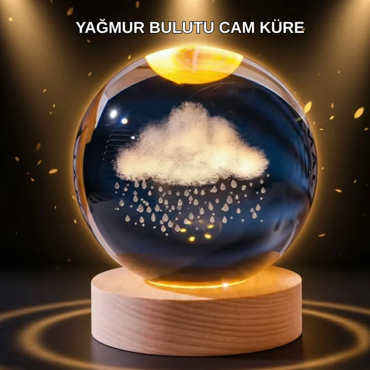 Mey İthalat® LED Sıcak Işıklı 3D Bulut Figürlü Kristal Küre Ahşap Standlı Gece Lambası
