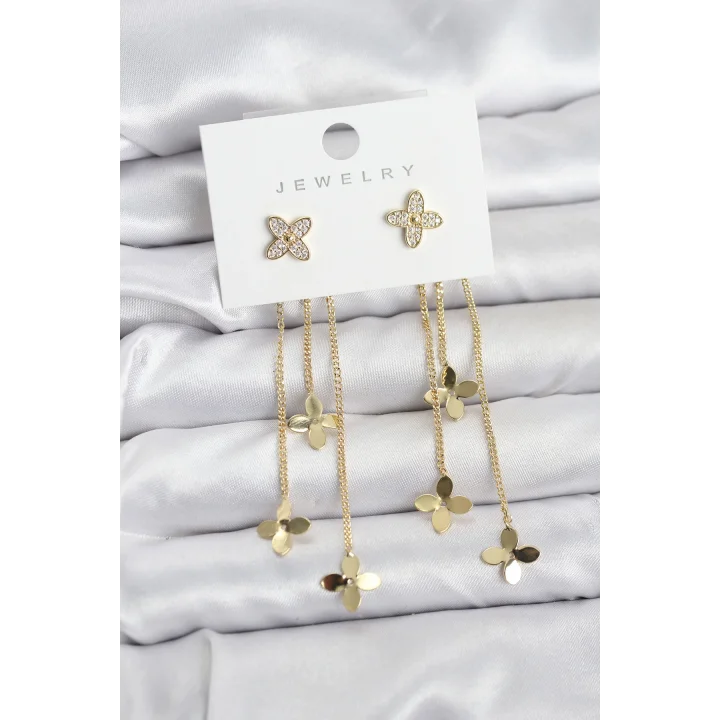 Mey İthalat® Lotus Model Gold Renk Pirinç Sallantılı Kadın Küpe