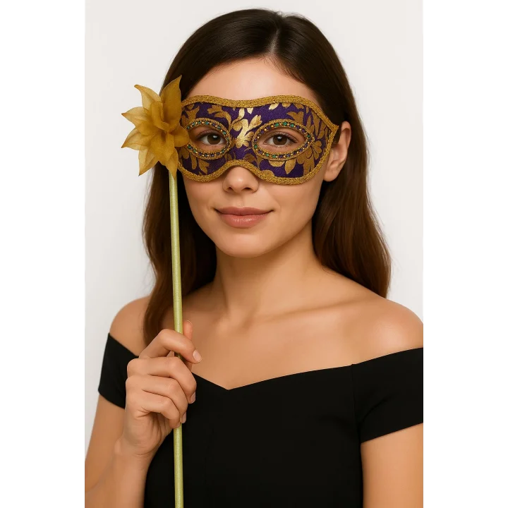 Mey İthalat® Lüks Taşlı Saplı Maskeli Balo Maskesi Mor Renk 35 cm