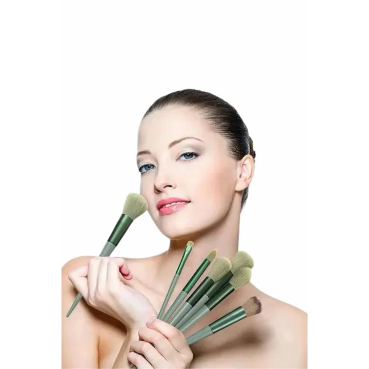 Mey İthalat® Makyaj Fırça Seti Yeşil 13 Parça Fondöten Fırçası Allık Fırçası Far Fırçası