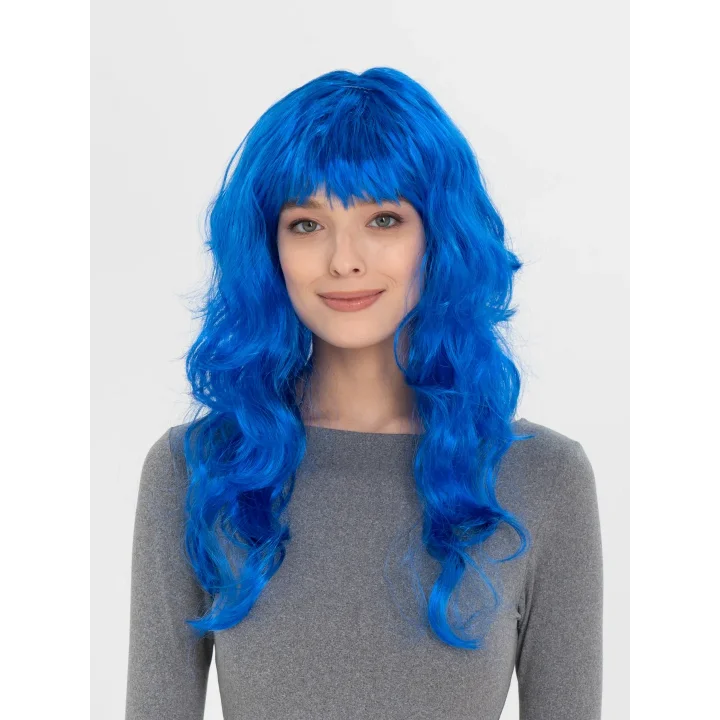 Mey İthalat® Mavi Renk Uzun Dalgalı Parti Peruğu