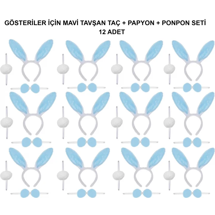Mey İthalat® Mavi Tavşan Kostüm Seti – Taç, Papyon, Ponpon (12’li Paket)