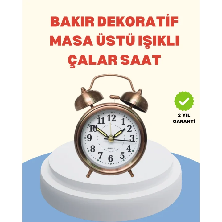 Mey İthalat® Metal Bronz Nostaljik Masa Saati Alarmlı Büyük Boy Sessiz Mekanizmalı