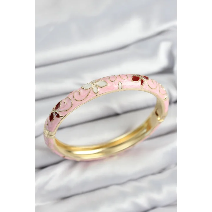 Mey İthalat® Mineli Pirinç Pembe Çiçek Motifli Gold Kadın Kelepçe