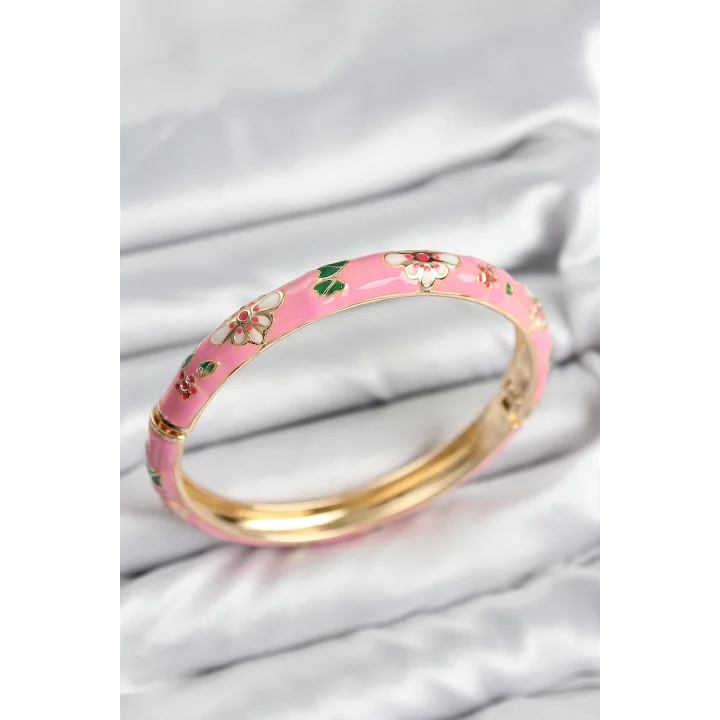 Mey İthalat® Mineli Pirinç Pembe Çiçek Motifli Gold Kadın Kelepçe