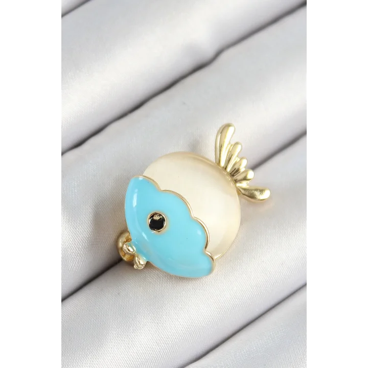 Mey İthalat® Mineli Turkuaz Ve Krem Balık Figürlü Gold Renk Kadın Broş