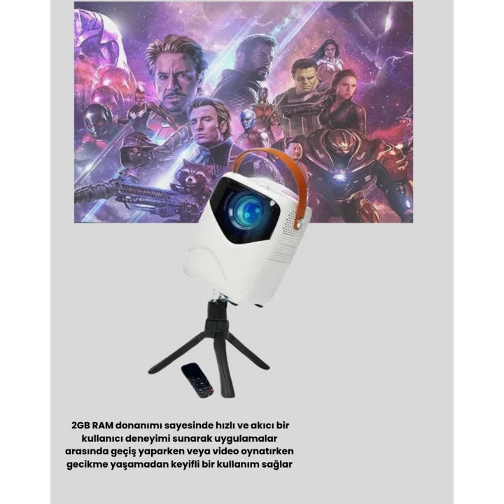 Mey İthalat® Mini Akıllı Projektör – 1080P Full HD, 64GB Depolama, 2GB RAM, Uzaktan Kumanda Destekli