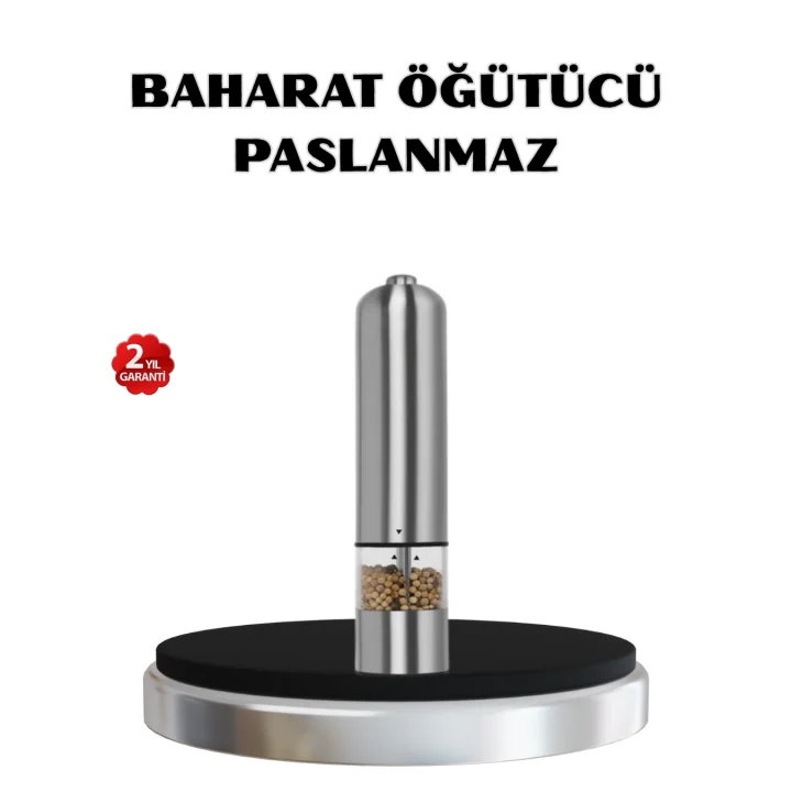 Mey İthalat® Modern Otomatik Baharat Öğütücü Seti – Pilli, Paslanmaz Çelik, LED Aydınlatmalı