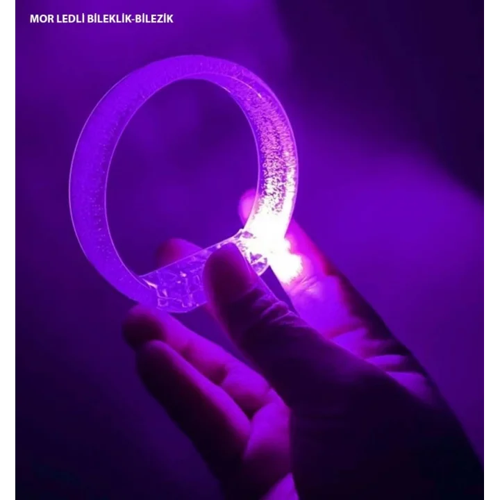 Mey İthalat® Mor Led Işıklı Baskı Yapılabilen Pilli Bileklik Bilezik 1,5 cm Genişlik