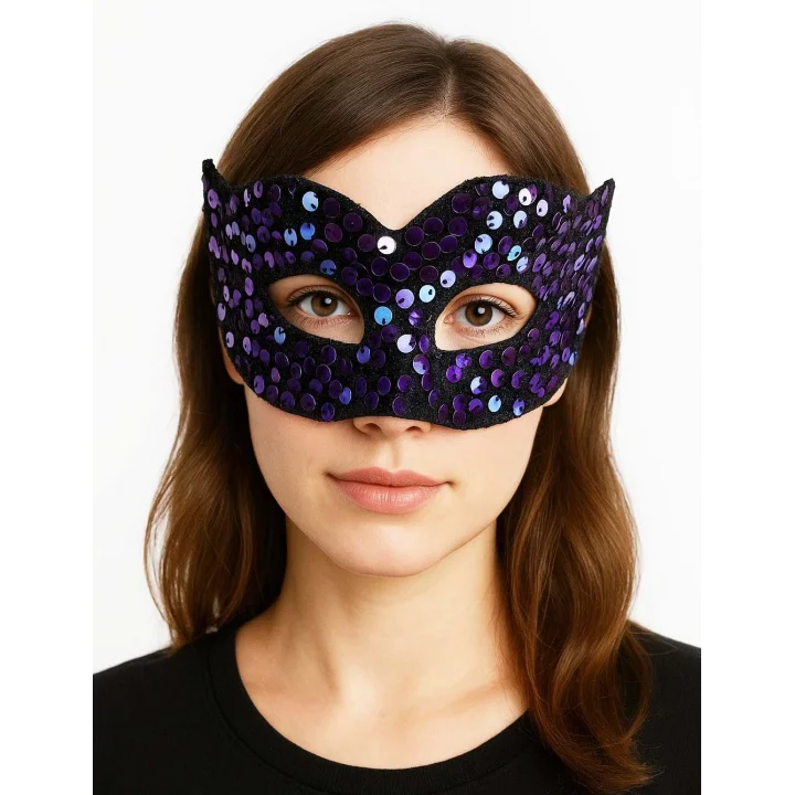 Mey İthalat® Mor Renk Arkadan Lastikli Pul Payet İşlemeli Balo After Parti Maskesi