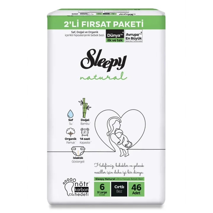 Mey İthalat®   Natural Bebek Bezi 2Li Fırsat Paketi 6 Beden 46 Adet