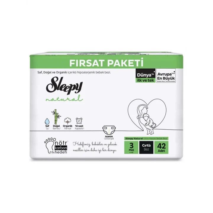 Mey İthalat®   Natural Bebek Bezi Fırsat Paketi 3 Beden 4-9 Kg 42 Adet