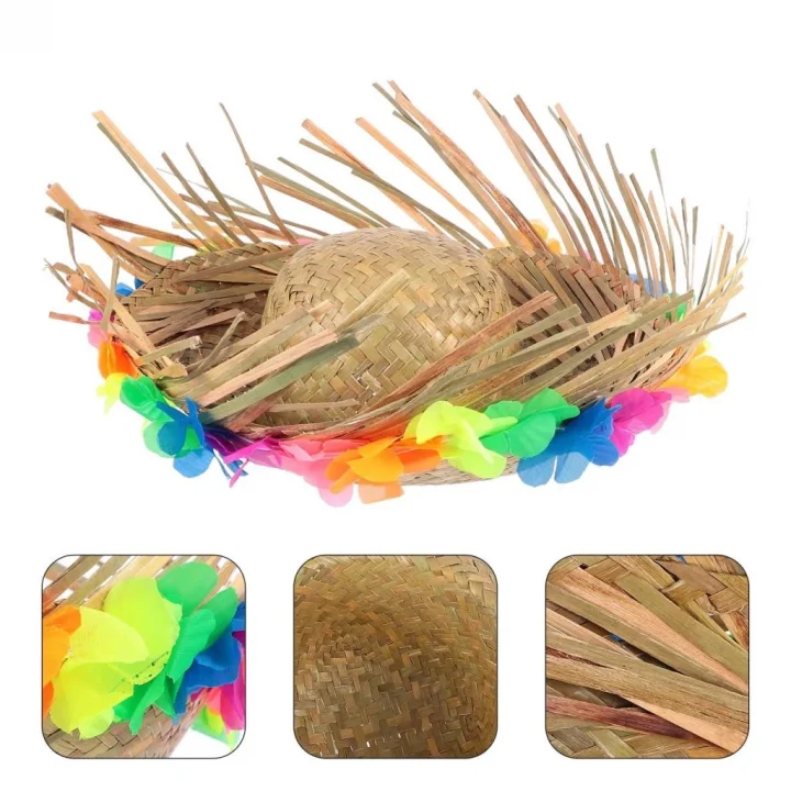 Mey İthalat® Naturel Renk Püsküllü Örme Hasır Hawaii Luau Aloha Şapka 13x36 cm