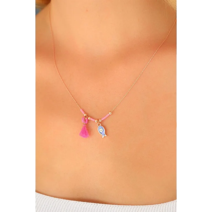 Mey İthalat® Nazar Boncuklu Pembe Renk Taşlı Rose Bayan Kolye