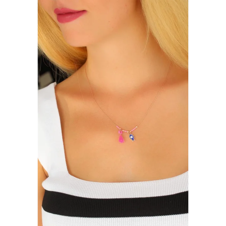 Mey İthalat® Nazar Boncuklu Pembe Renk Taşlı Rose Bayan Kolye
