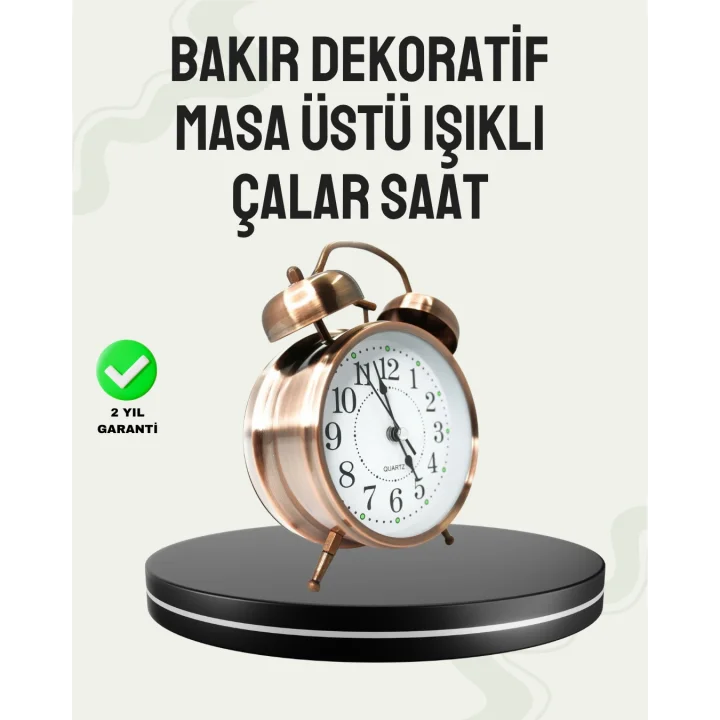 Mey İthalat® Nostaljik Büyük Boy Metal Masa Saati Bronz Kaplama ve Yüksek Sesli Alarm