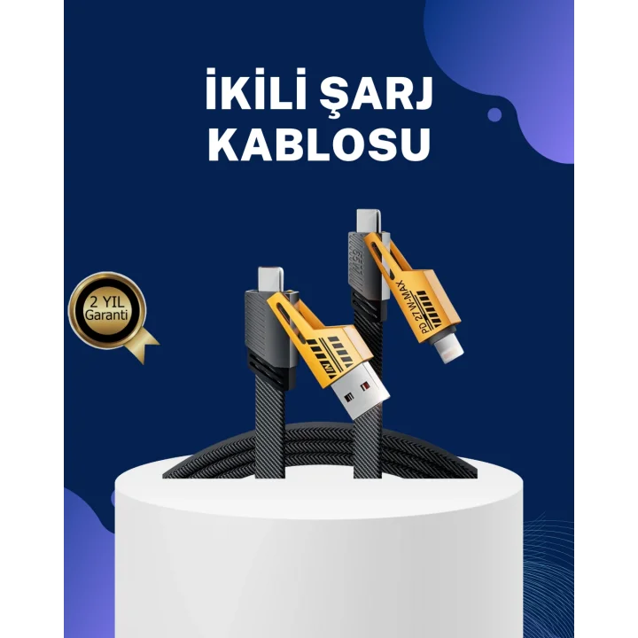 Mey İthalat® Örgülü Tasarım 4’ü 1 Arada USB-C Lightning Hızlı Şarj Kablosu