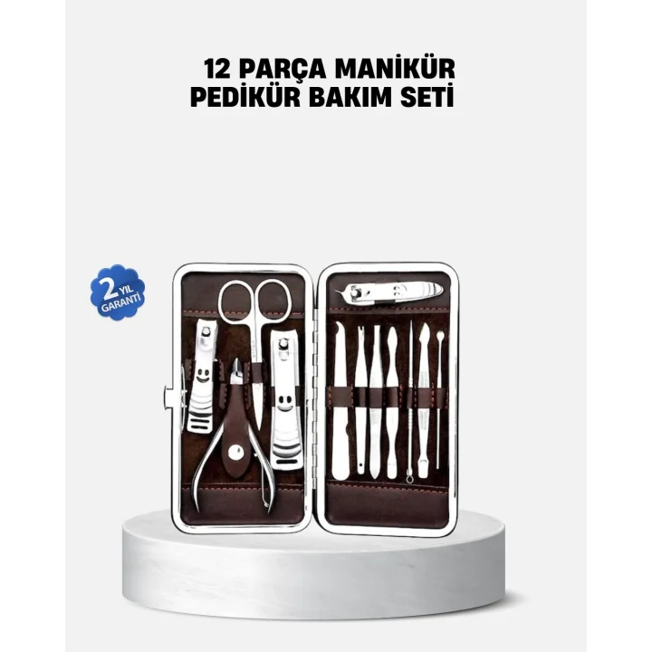 Mey İthalat® Özel Deri Çantalı 12 Parça Manikür Pedikür Bakım Seti Paslanmaz Çelik