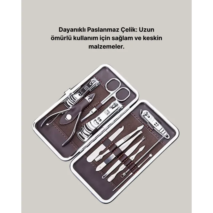 Mey İthalat® Özel Deri Çantalı 12 Parça Manikür Pedikür Bakım Seti Paslanmaz Çelik