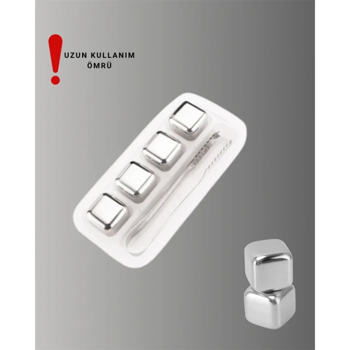 Mey İthalat® Paslanmaz Çelikten Üretilmiş Metal Buz Küpü Seti ve Buz Klipsi
