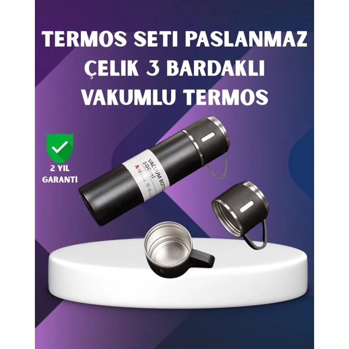 Mey İthalat® Paslanmaz Termos ve İkili Bardak Seti | 6-12 Saat Sıcak/Soğuk Tutma