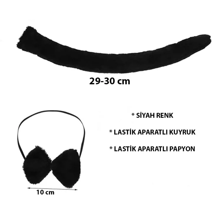 Mey İthalat® Peluş Siyah Renk Kuyruk ve Papyon Yetişkin Çocuk Uyumlu
