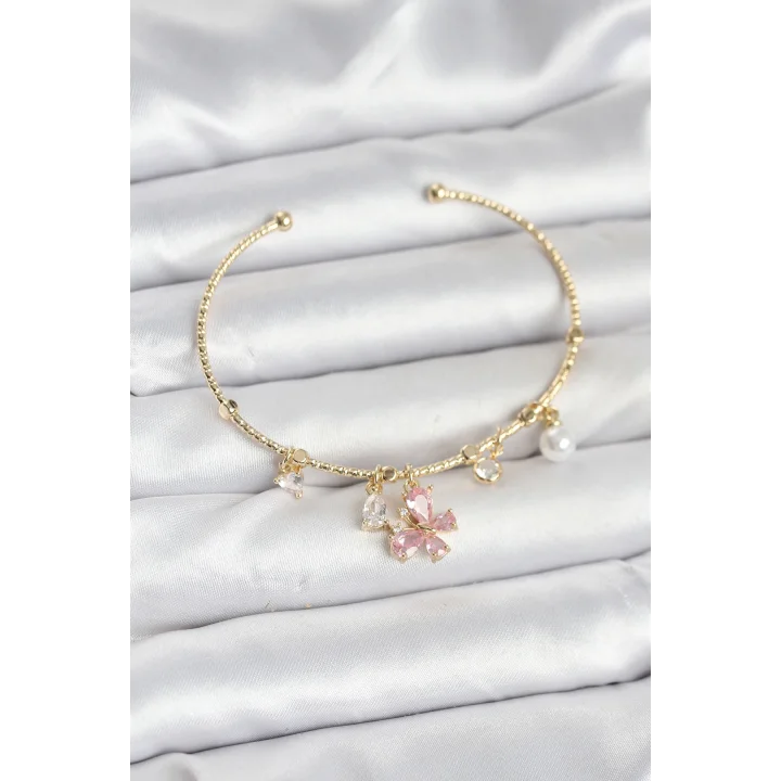 Mey İthalat® Pembe Kelebek Charmlı Gold Renk Kadın Bileklik