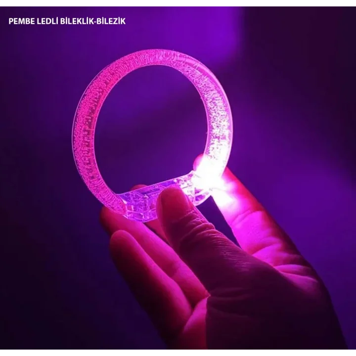 Mey İthalat® Pembe Led Işıklı Baskı Yapılabilen Pilli Bileklik Bilezik 1,5 cm Genişlik