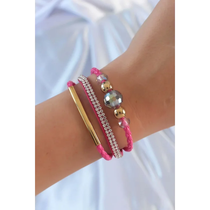 Mey İthalat® Pembe Renk Zirkon Taşlı Deri Çoklu Bileklik