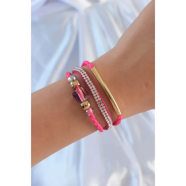 Mey İthalat® Pembe Renk Zirkon Taşlı Deri Çoklu Bileklik