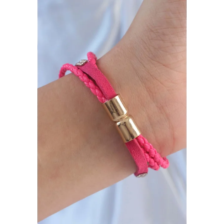 Mey İthalat® Pembe Renk Zirkon Taşlı Deri Çoklu Bileklik