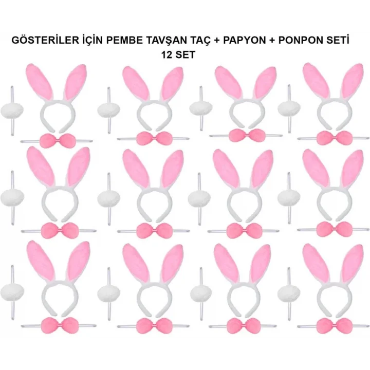 Mey İthalat® Pembe Tavşan Kostüm Seti – Taç, Papyon, Ponpon (12’li Paket)
