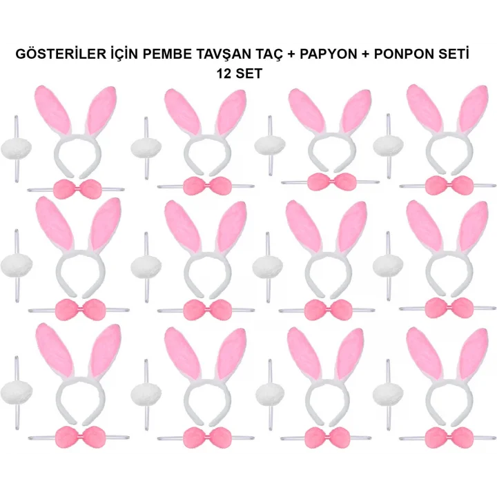 Mey İthalat® Pembe Tavşan Kostüm Seti – Taç, Papyon, Ponpon (12’li Paket)