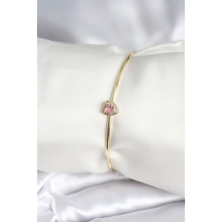 Mey İthalat® Pembe Zirkon Taşlı Kalp Model Gold Renk Kadın Bileklik