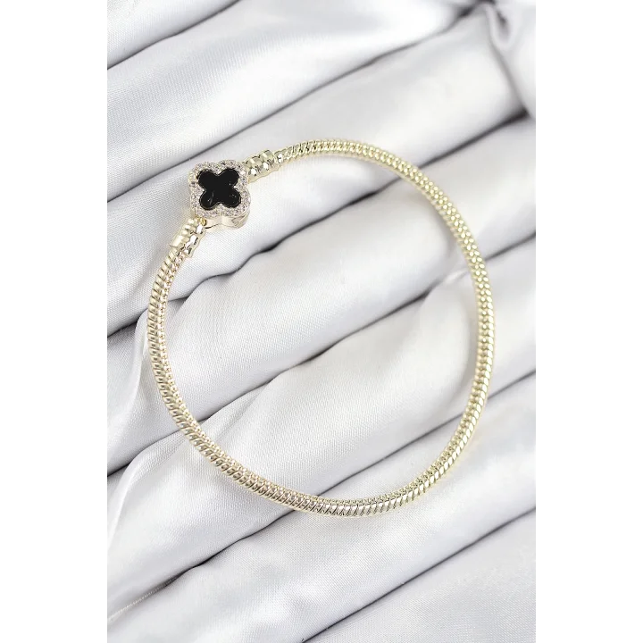 Mey İthalat® Pirinç Charm Zirkon Taşlı Yonca Model Gold Renk Kadın Bileklik