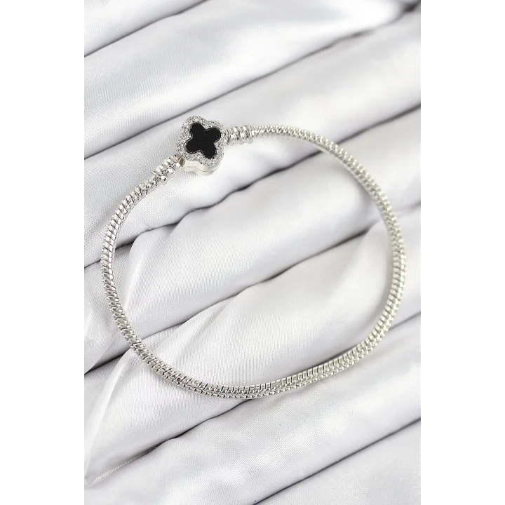 Mey İthalat® Pirinç Charm Zirkon Taşlı Yonca Model Gümüş Renk Kadın Bileklik