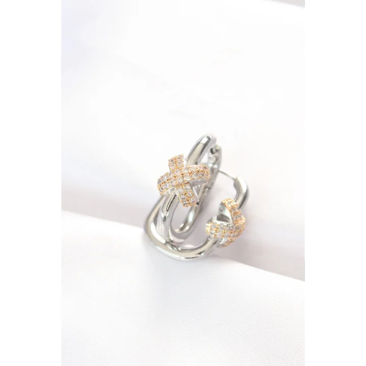 Mey İthalat® Pirinç Çift Renk Taşlı X Tasarımlı Dikdörtgen Küpe