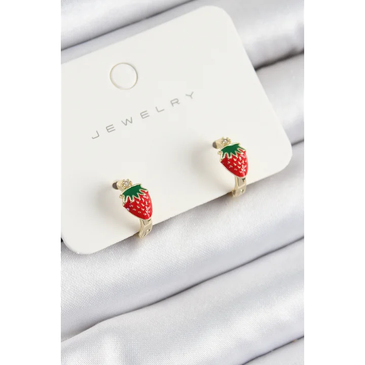 Mey İthalat® Pirinç Çilek Model Gold Renk Çocuk Küpe