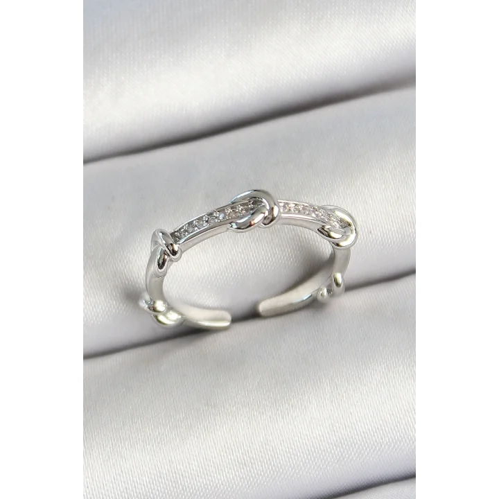 Mey İthalat® Pirinç Düğüm Figürlü Zirkon Taşlı Gümüş Renk Ayarlanabilir Kadın Yüzük