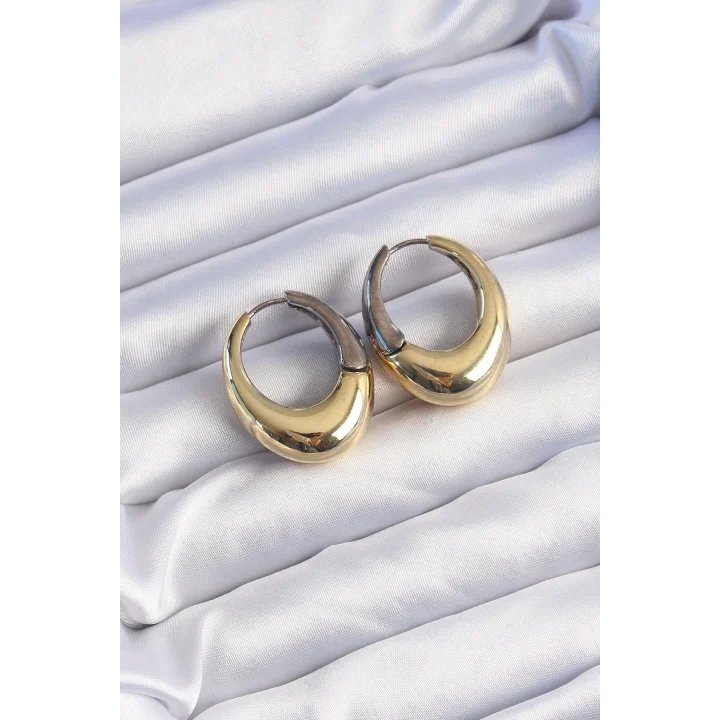Mey İthalat® Pirinç Gold Gümüş Renkli Oval Bombeli Küpe
