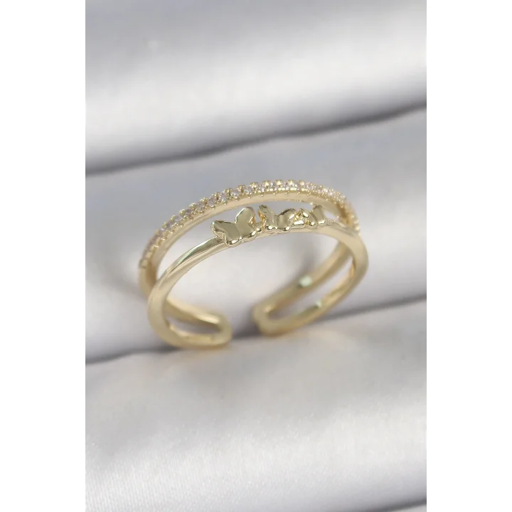 Mey İthalat® Pirinç Gold Renk 2Li Sıra Zirkon Taş Detaylı Kelebek Figürlü Ayarlanabilir Model Kadın Yüzük